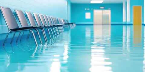 Poster - A flooded corridor with blue walls and chairs partially submerged in water, creating a surreal, calm atmosphere, Disaster recovery planning.