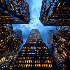Poster - Low angle view of illuminated skyscrapers at dusk, city lights glowing in windows, dark blue cloudy sky, modern architecture.