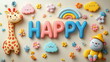 © nattapat - Abstract background. A delightful wallpaper featuring the word 'HAPPY' in large letters, surrounded by playful animals, rainbows, clouds, and flowers in soft pastel colors. A cheerful and warm atmosph