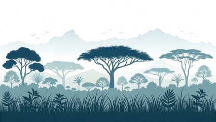 Poster - Environmental awareness day concept. Stylized landscape with mountains and diverse trees in cool tones.