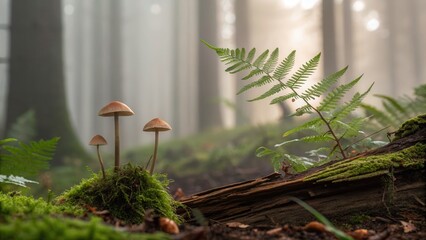 Poster - Environmental awareness day concept. Mushrooms grow among ferns in a misty forest setting, creating a serene atmosphere.