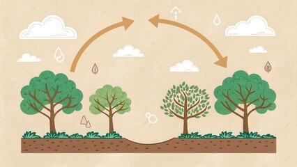 Aufkleber - Environmental awareness day concept. Illustration of trees with clouds and rain symbols, depicting nature's water cycle.