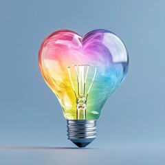 Poster - rainbow colored heart shaped lightbulb on a light blue background. the bulb glows with vibrant hues.