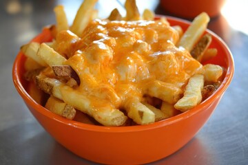 Aufkleber - Crispy fries generously topped with melted cheese sauce in an orange container for a delightful snack experience