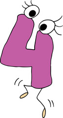 Fototapete - funny jumping purple number four drawn with black lines in grunge style with eyes with eyelashes and legs