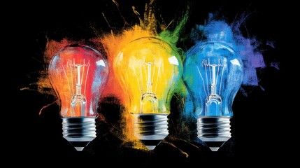 Poster - Three lightbulbs in red, yellow, and blue, exploding with vibrant color against a black background. The image symbolizes creativity, innovation, and new ideas.