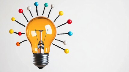 Poster - Yellow lightbulb with colorful pins on a white background. Creative idea concept.