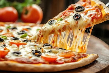 Poster - Delicious pizza slice lifts with gooey cheese, vibrant toppings, and a dynamic background showcasing mouthwatering details at a bustling pizzeria