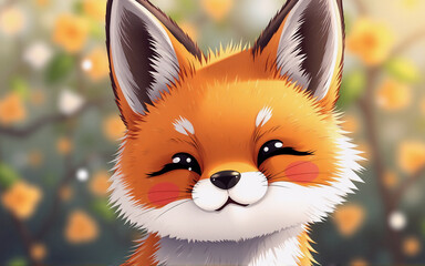 Aufkleber - A charming close-up of a cute fox with bright eyes and a gentle smile, beautifully blurred floral backdrop.