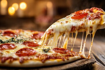 Poster - Delicious pizza slice with gooey cheese and vibrant toppings against a dynamic background in high-speed photography
