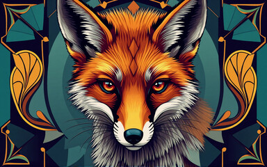 Poster - Stylized fox portrait with a geometric and ornamental background. The fox has orange fur and striking eyes, set against teal, green, and gold decorative elements.