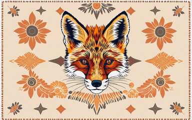 Aufkleber - Stylized fox head at the center of a decorative design with floral and geometric ornaments in warm orange, brown, and beige tones.