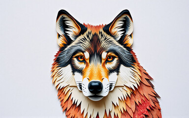 Aufkleber - Artistic depiction of a wolf's head, rendered in a layered paper style with warm hues. Detailed texture is visible against a clean, white backdrop.