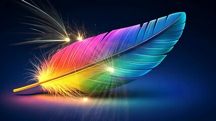 Poster - Vibrant feather with multicolored hues and sparkles against a dark background showcasing artistic creativity