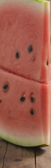 Aufkleber - Close-up of sliced watermelon pieces reveals juicy red flesh dotted with black seeds, sitting on a rustic wooden surface.