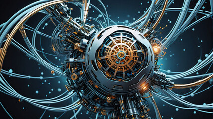 Poster - A complex mechanical sphere with intricate gold and silver details is surrounded by blue wires and tubes, creating a futuristic and technological feel.