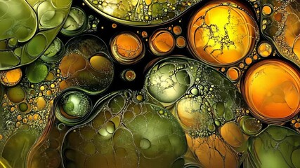 Poster - Colorful abstract patterns of bubbles and shapes in green and orange tones on a black background