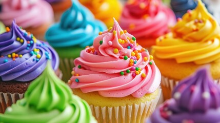 Aufkleber - Colorful cupcakes adorned with neon icing and rainbow sprinkles in a vibrant bakery setting showcased in a close-up shot