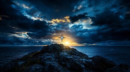 Poster - Dramatic sunset over ocean with compass rose on rocky coastline maritime scene nature captivating landscape