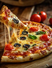 Poster - Savoring a delicious slice of pizza with gooey cheese and vibrant toppings in a warm kitchen setting