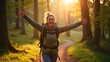 © mukuro - Cheerful woman with backpack in forest raising arms in joy at sunset, embracing nature and travel.