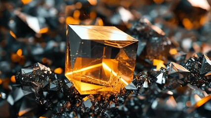 Poster - Beautiful crystal cube reflecting light among shiny metallic fragments in a vibrant arrangement
