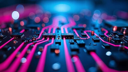 Poster - Close-Up of Modern Circuit Board with Colorful LED Lights and Electronic Components in a Dark Background