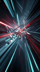 Poster - Dynamic abstract composition of red and blue light streaks in a futuristic digital tunnel
