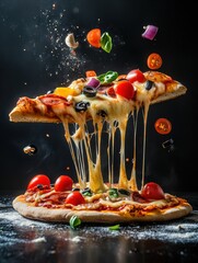 Poster - Delicious pizza slice erupts with gooey cheese and vibrant toppings in high-speed photography against a dynamic backdrop