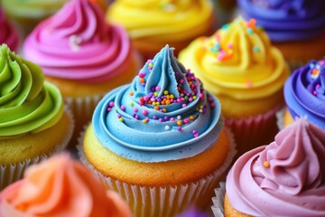 Aufkleber - Delightful assortment of colorful cupcakes with neon icing and rainbow sprinkles in a vibrant bakery setting