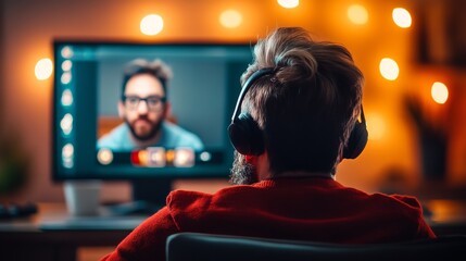 Poster - Man wearing headphones is watching a video on a computer monitor. The man is wearing a red sweater and is sitting in a chair