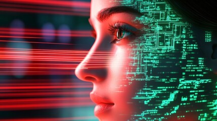 Poster - Woman's face is projected onto a computer screen with a green background. The image conveys a futuristic and technological atmosphere, with the woman's face appearing as a digital representation