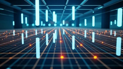 Poster - Futuristic blue and orange geometric space with vertical lights and a grid floor creating an energetic vibe