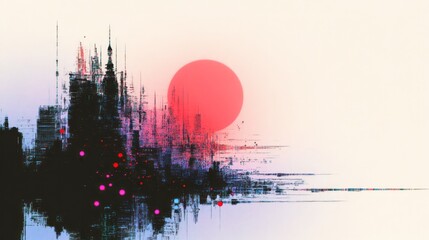 Sticker - Artistic depiction of a city skyline with a large sun
