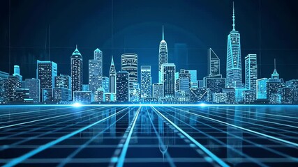 Poster - Futuristic skyline with glowing skyscrapers and digital grid in a vibrant blue night atmosphere