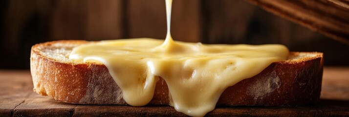 Aufkleber - Melted cheese stretches deliciously from warm bread in a tempting culinary close-up showcasing mouthwatering details and golden hues