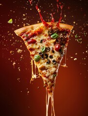 Poster - Delicious pizza slice with gooey cheese and vibrant toppings captured in high-speed photography against a dynamic background