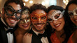 © Katerina Bond - A group of friends smiling at a masquerade ball, wearing elegant, colorful masks, capturing the joy and celebration of the event. Selective focus.