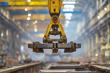 Poster - Heavy industry scene: A yellow overhead crane lifting metal blocks inside a steel factory, showcasing industrial machinery and engineering.