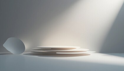 Poster - Artistic light reflection on layered plates minimalist studio setting photography ethereal atmosphere close-up view contemporary concept