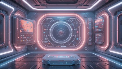 Poster - Futuristic control room design virtual space digital interface sci-fi environment wide angle view technology concept for immersive experiences