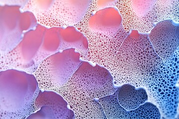 Poster - Intricate abstract macro of a delicate, porous structure with rounded cavities illuminated in a gradient of pink, orange, and blue hues creating a dreamy texture.