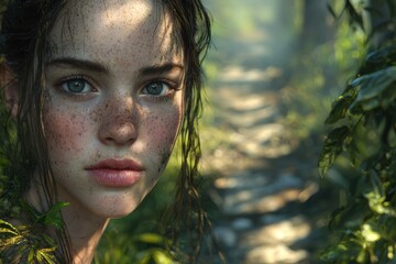 Poster - A captivating close-up of a young woman with freckles, amidst a lush green forest path, evoking a sense of natural beauty and serene mystery in the wild.