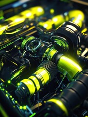 Poster - Car engine with vibrant neon accents showcasing gasoline flow in a detailed automotive setting