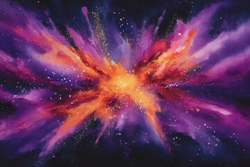 Poster - Vibrant watercolor explosion of color in orange purple and gold against a dark background creating a dynamic and abstract cosmic effect