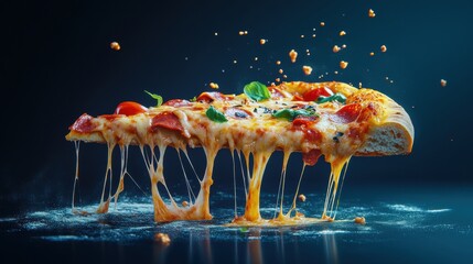 Poster - Delicious pizza slice with gooey cheese and vibrant toppings captured in high-speed photography