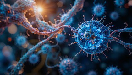Poster - The visual shows intricately designed cells engaged in complex interactions, illuminated by soft lighting, highlighting scientific exploration in a laboratory setting