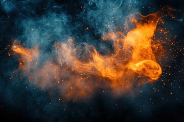 Poster - Dynamic interplay of fiery orange and cool blue smoke creating a captivating abstract design on a dark background with sparkling particles