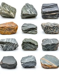 Poster - Diverse rock collection on white background showcasing natural textures colors and shapes for geological study