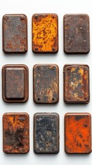 Poster - Nine Rectangular Rusty Metal Boxes Arranged on a White Surface Overhead Shot Showing Weathered and Aged Texture Creating a Vintage Aesthetic